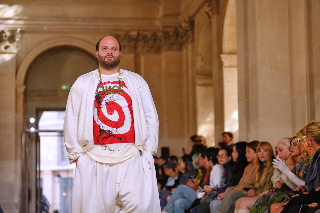 A model wears a creation as part of the Vivienne Westwood SpringSummer 2026 collection presented in Paris, Saturday, Oct. 4, 2025. (AP)